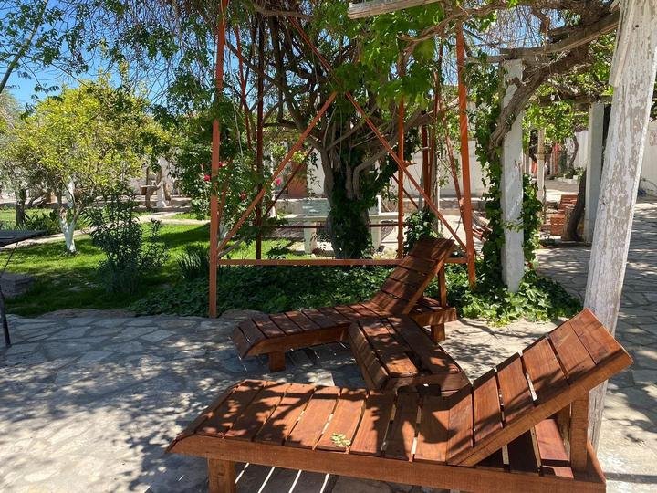 Reposeras de madera bajo la pérgola en el jardín